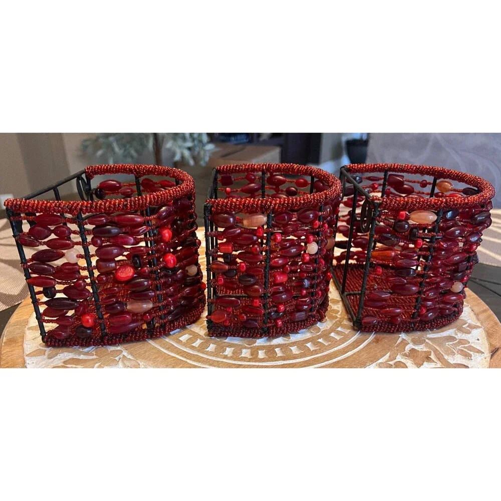 Pottery Barn Red Beaded Votive Candle Holder Sconces Wall Mount Set of 3